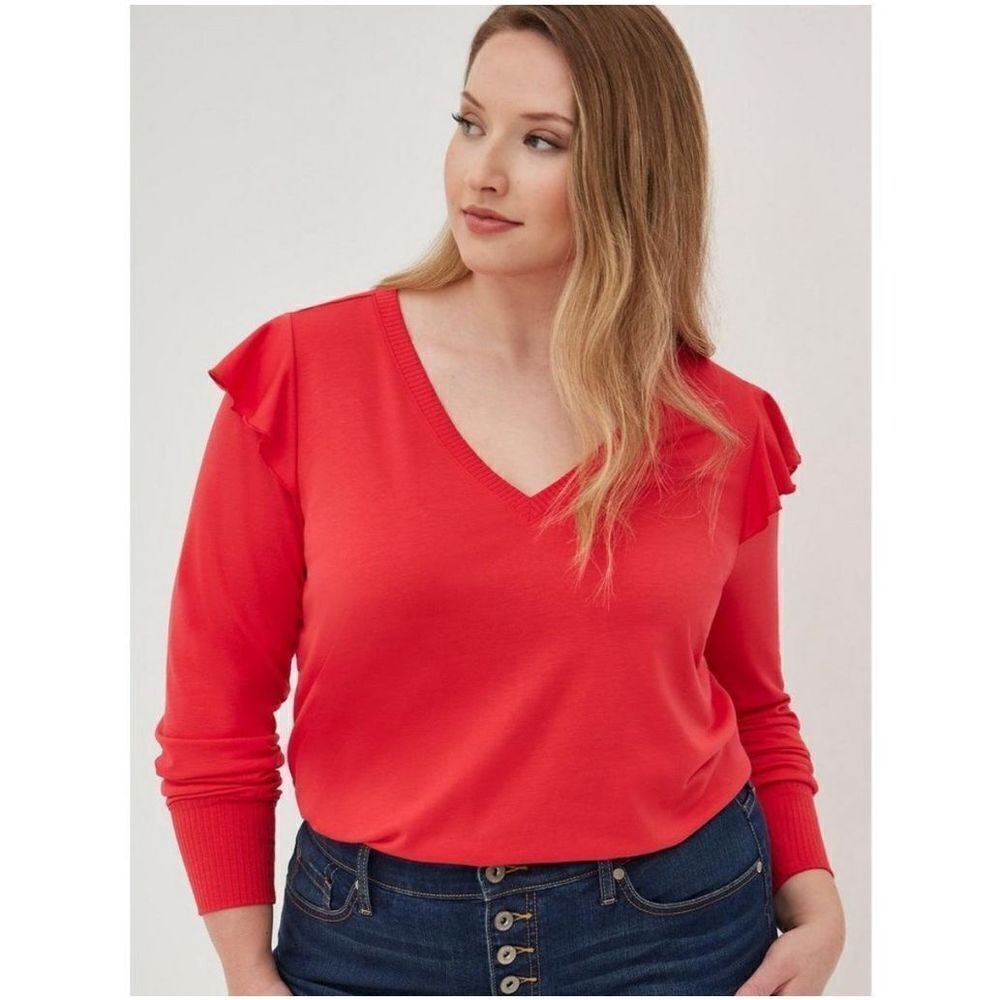 Torrid cherry red ruffled v-neck lightweight French terry top